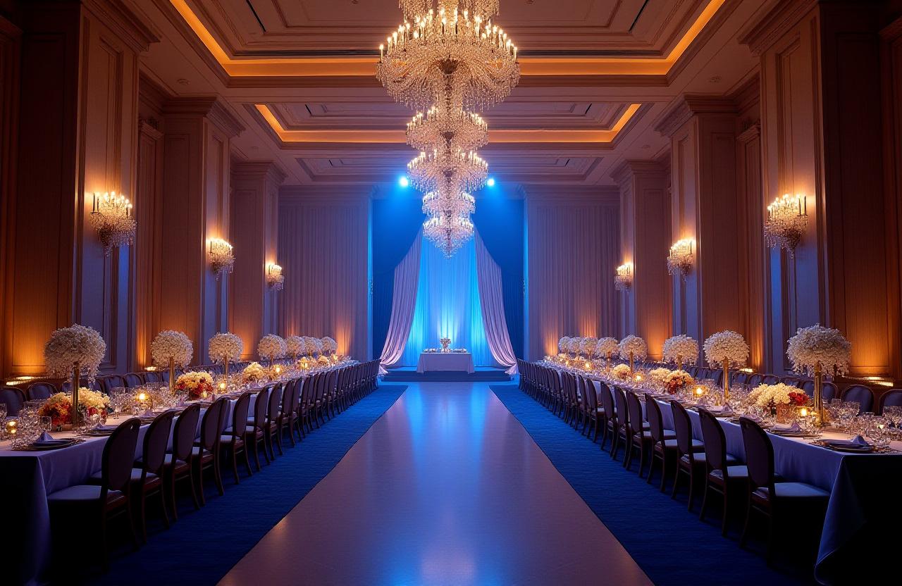 Grand ballroom prepared for a luxury wedding