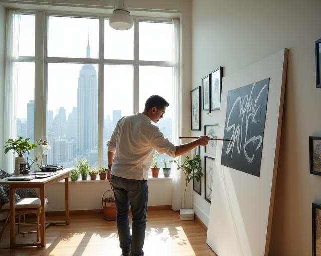 Artist practicing large scale calligraphy in a bright studio