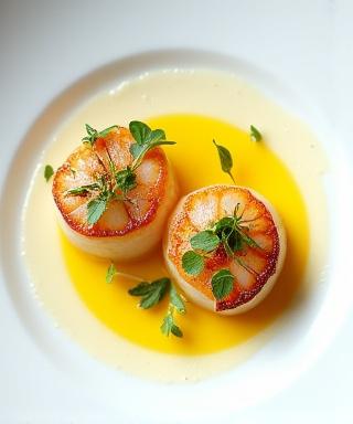 Pan-seared scallops with saffron foam